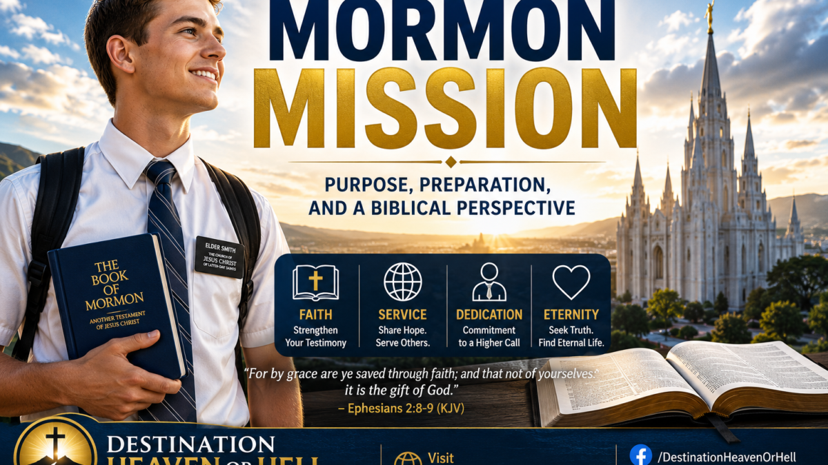 Young Mormon missionary holding the Book of Mormon with a temple in the background, illustrating the purpose of a Mormon mission alongside a biblical perspective on faith, salvation, and eternity from DestinationHeavenOrHell.com.