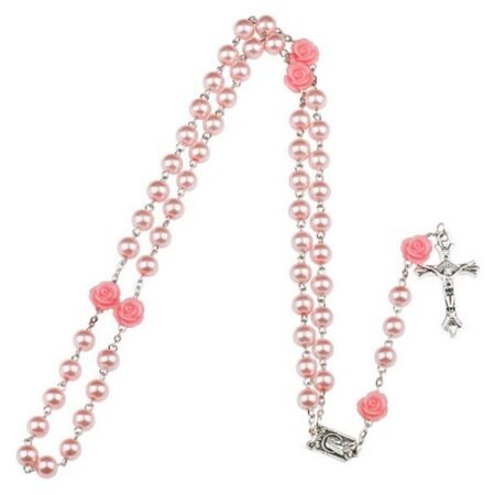 Pink Pearl Beads & Roses Rosary Necklace with Jerusalem Crucifix