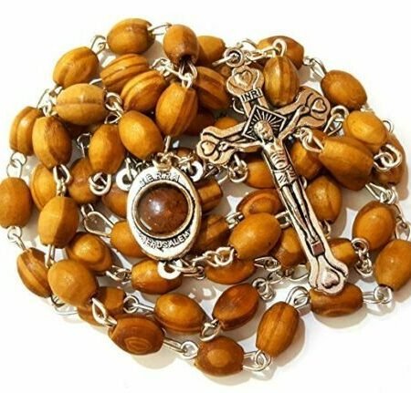 Blessed Catholic Rosary Necklace Olive Wood Oval Beads Jerusalem Soil Crucifix