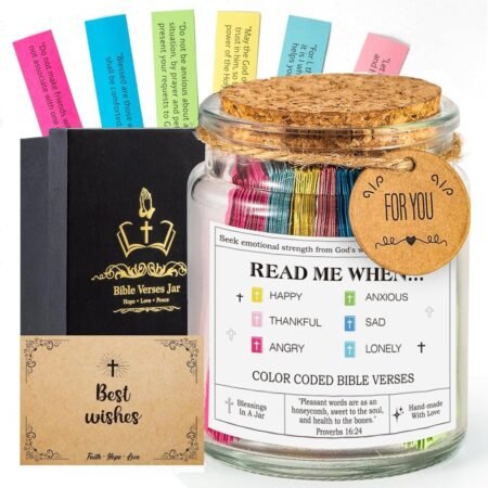 Bible Verse Jar 90 Color-Grouped Scripture Strips Christian Gift w Greeting Card