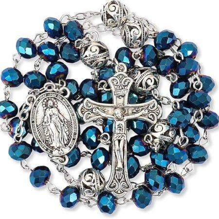 Blue Crystal Beads Rosary Necklace 10mm Alloy Mystery Beads & Miraculous Medal