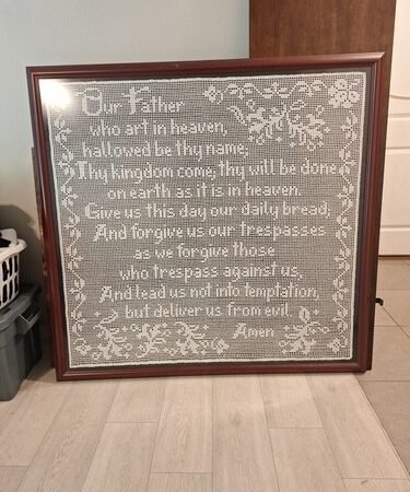 Crocheted Wall Art "The Lord's Prayer" Framed Vintage In the frame approx 54x54"