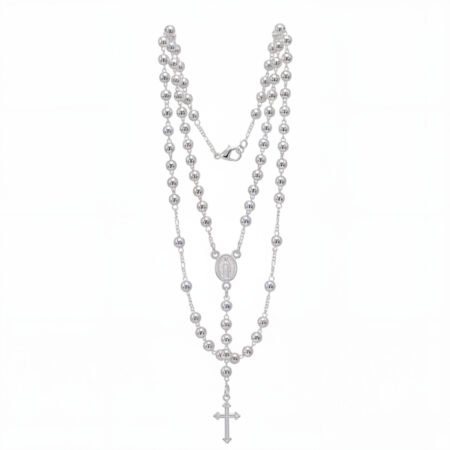 925 Sterling Silver Rosary Necklace 20 Inches 4mm Beads Cross Virgin Mary Medal