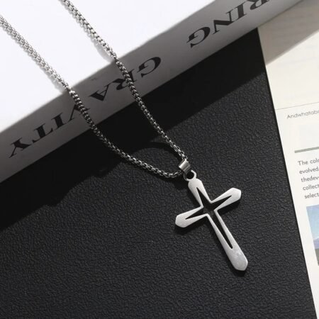 Cross inside a cross pendant necklace silver plated over stainless steel