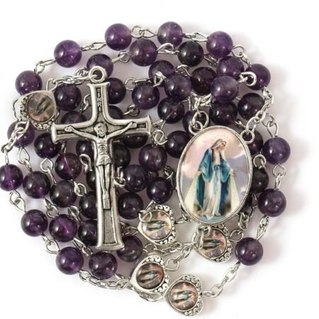 Purple Amethyst Beads with Miraculous Epoxy Heart Metal Beads Rosary Necklace