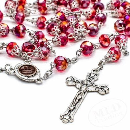 Deep Red Rosary Necklace – Catholic Crucifix 8mm Crystal Glass Prayer Beads