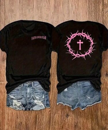 Women's Faith First Religious T-Shirt - Pink Lettering & Thorns Cross Print