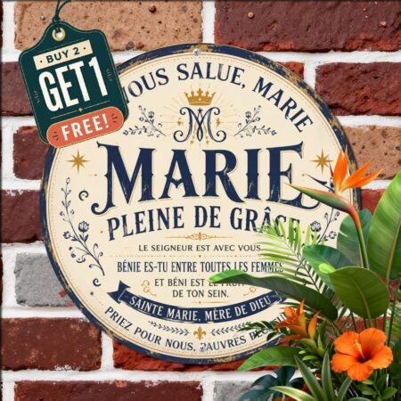 French Hail Mary Catholic Prayer Religious Wreath Round Metal Tin Sign Plaque