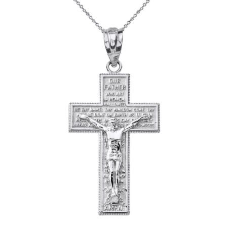 Sterling Silver The Lord's Our Father Prayer Crucifix Pendant Necklace