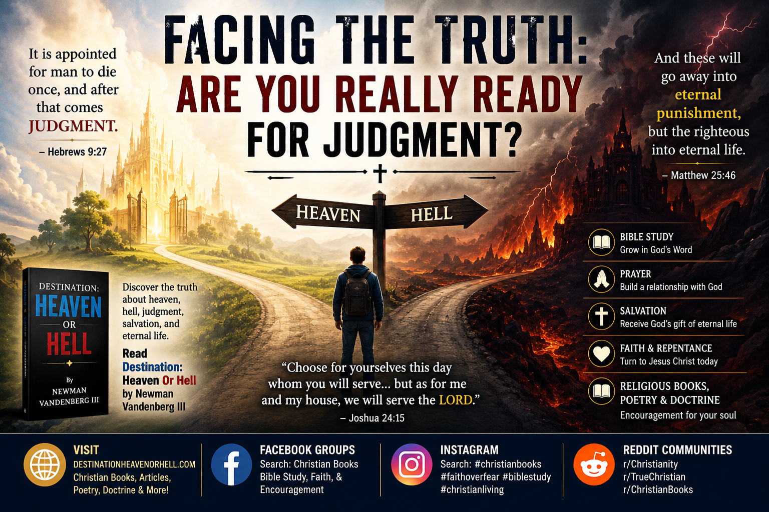 Christian illustration showing a traveler standing at a crossroads between Heaven and Hell, symbolizing God's judgment, salvation through Jesus Christ, and the choice of eternal life, featured on DestinationHeavenOrHell.com.